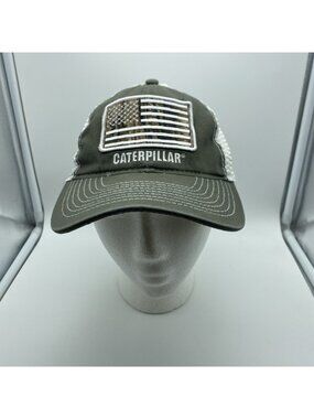 Caterpillar CAT Trucker Hat Green Mesh Back USA Flag Hook & Loop Adjustable Cap